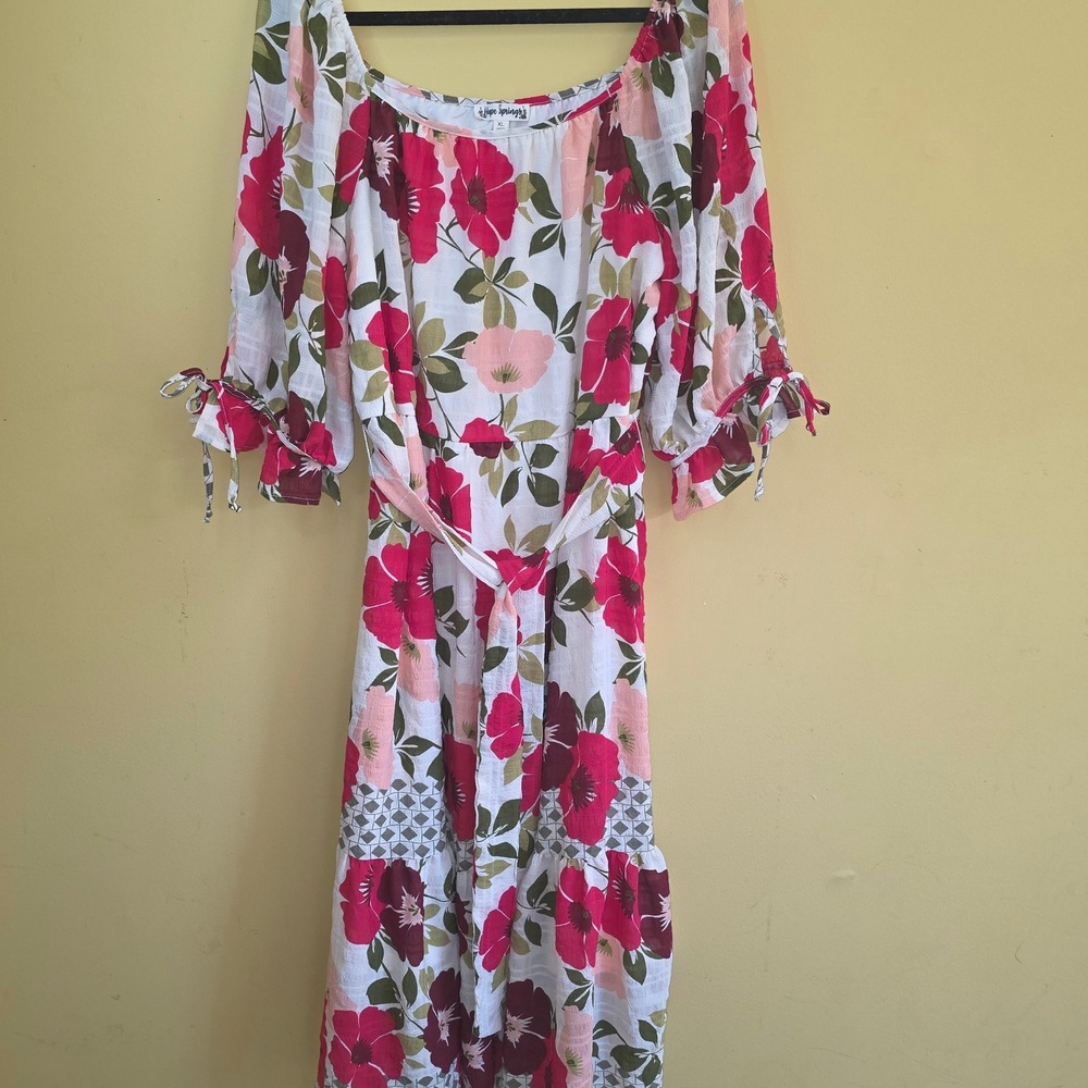 Garden Hope Springs Floral Midi Dress W XL Pink White Tiered Tie Sleeve Belted
